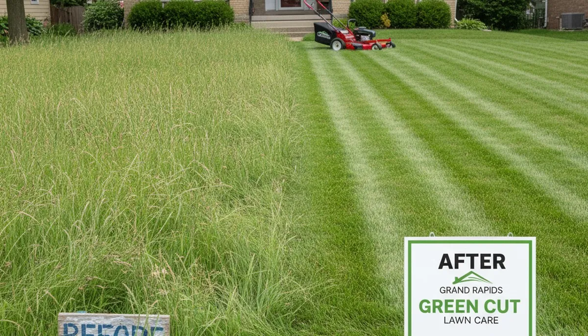 Before and after lawn mowing in Grand Rapids, MI showing professional yard care and lush green results