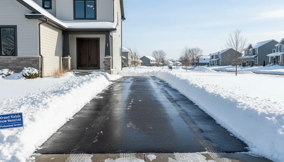 Clean residential driveway after professional snow removal in Grand Rapids, MI by Chop Chop Landscaping