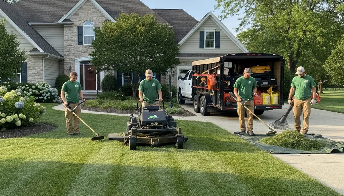 Professional landscaping crew mowing and edging a residential lawn in Grand Rapids, MI
