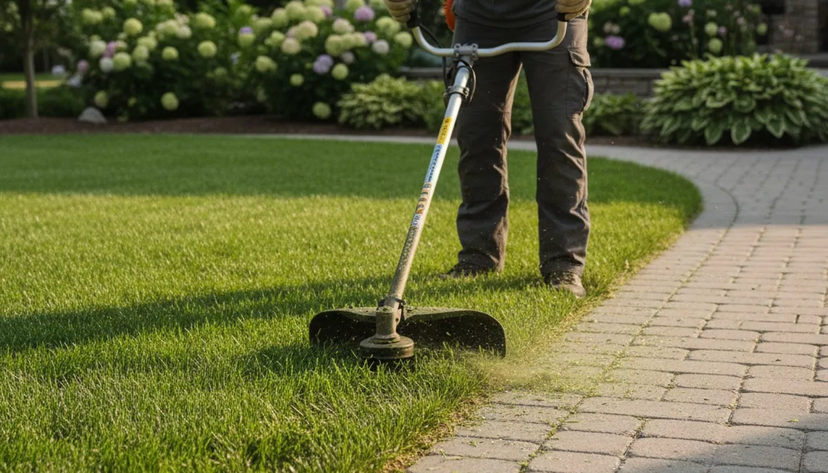 Technician edging lawn with string trimmer for clean finish in Grand Rapids MI lawn maintenance service