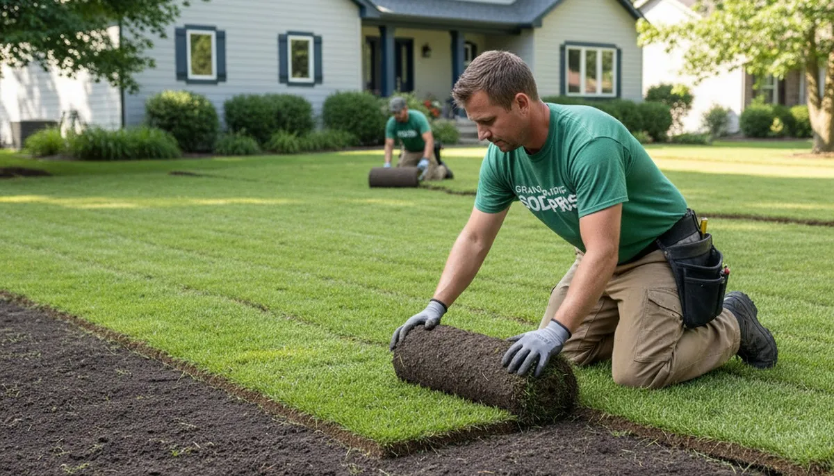Professional landscaper installing sod rolls in Grand Rapids, MI for seamless lawn turf placement