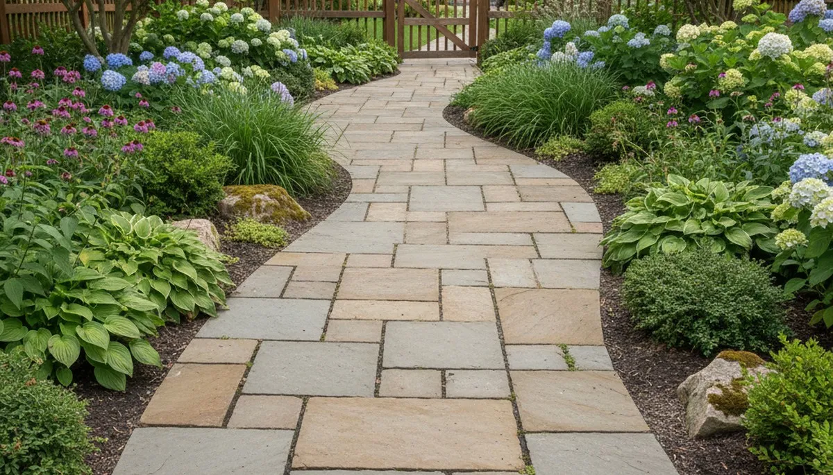 Professional stone paver walkway installation in landscaped yard, Grand Rapids, MI